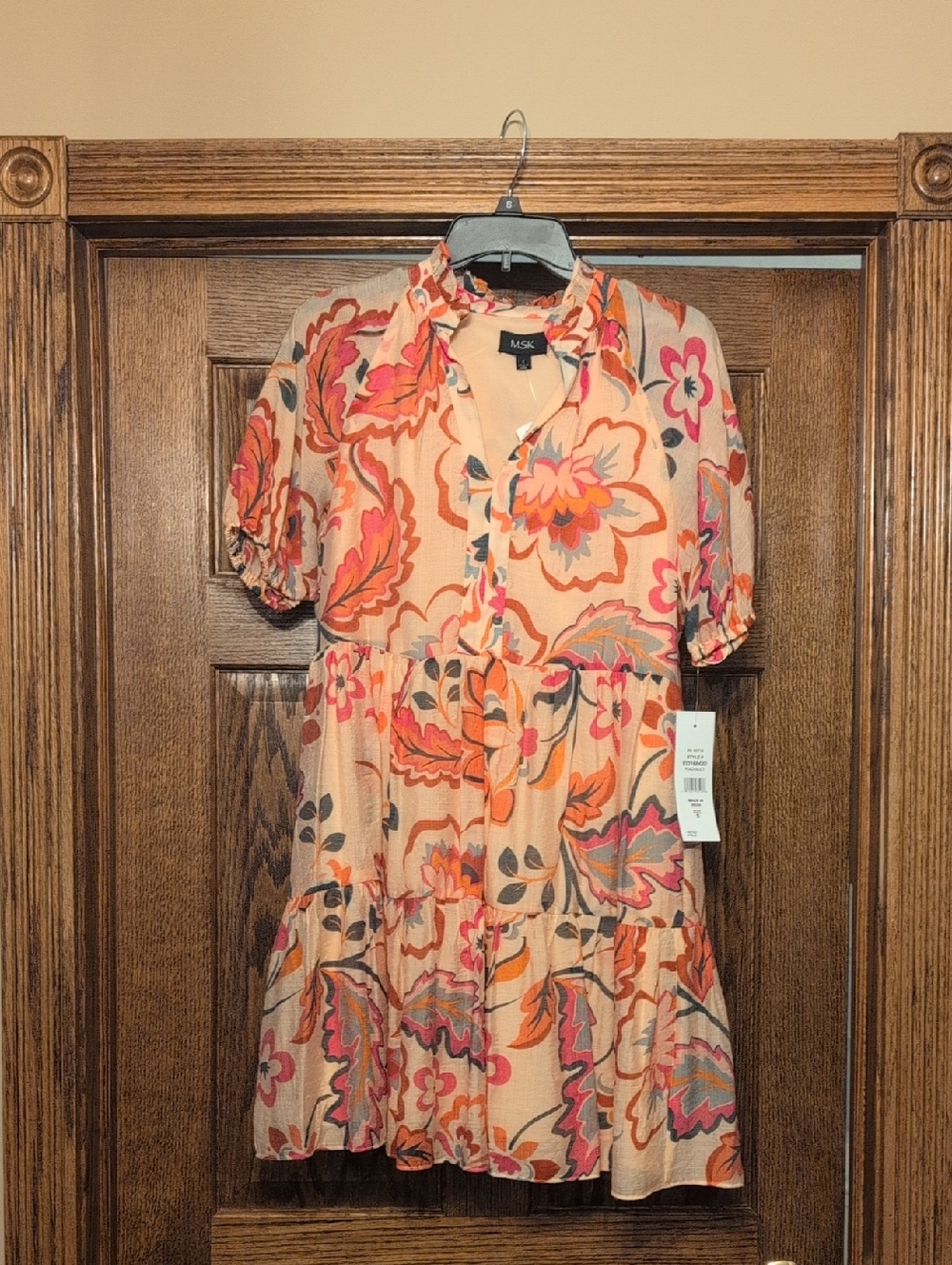 MSK Peach & Coral Floral Tiered Mini Dress